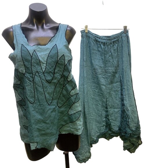 Cynthia Ashby Teal Linen-Cotton Tank & Skirt Set,  Size XS - Picture 1 of 7